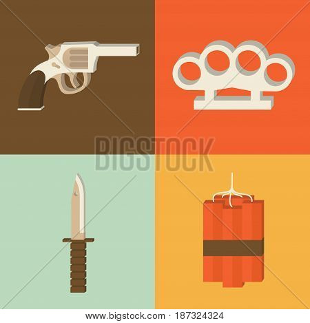 Vector flat illustration, icon set of weapon: gun, brass knuckles, knife dynamite