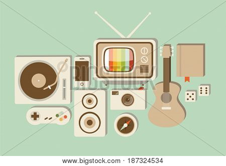 Vector flat illustration, icon set of lifestyle: turntable, game joystick, speaker, phone, photo camera, TV compass guitar book dice
