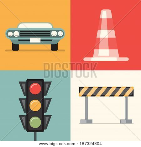 Vector flat illustration, icon set of road: car, cone, traffic lights repair