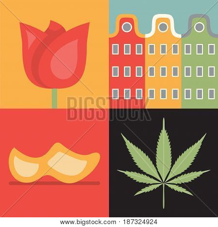 Vector flat illustration, icon set of Netherlands: flower, house, shoes cannabis