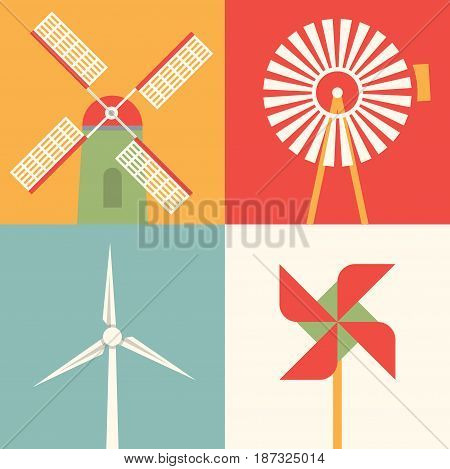 Vector flat illustration, icon set of windmill