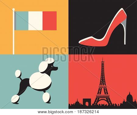 Vector flat illustration, icon set of France: flag, fashion, dog Paris