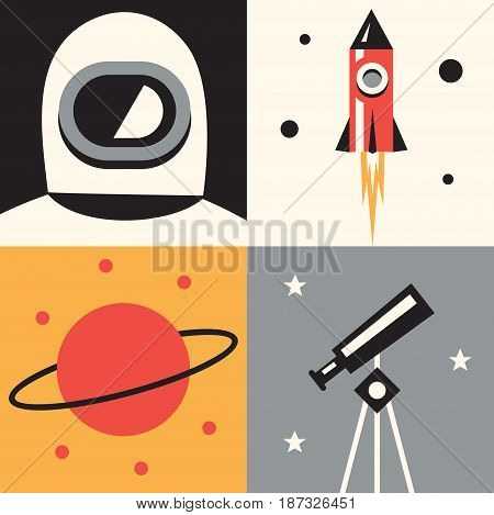 Vector flat illustration, icon set of space: astronaut, rocket, planet telescope