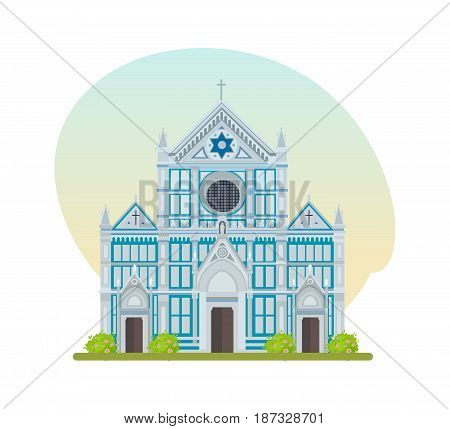 World landmarks. Architectural building, popular large Franciscan church of the Basilica of Santa Croce. Modern vector illustration isolated on white background.