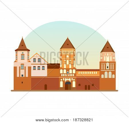 World sights. Travel to Europe. Architectural building, architectural monument, historical, cultural value of Republic of Belarus. Vector illustration isolated on white background.