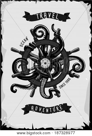 Retro poster with ship whell and octopus. Grunge design