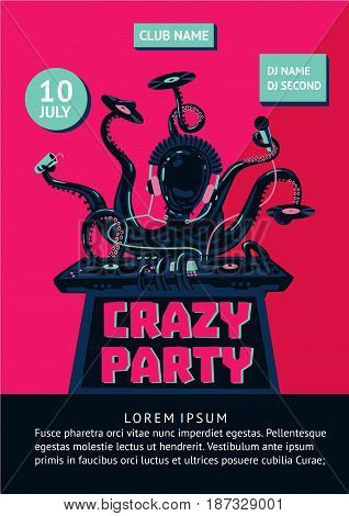 Night party poster template with octopus dj and mixing console.