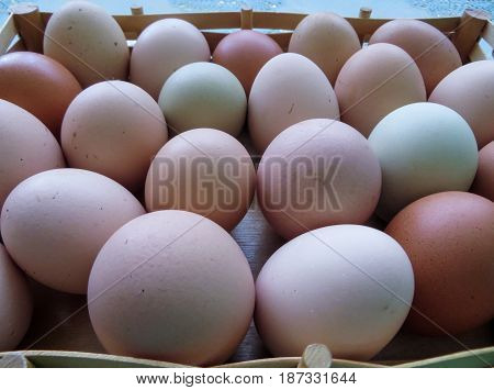 Freshly baked chicken eggs on the table.