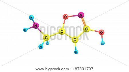 Muscimol or agarin or pantherine is the principal psychoactive constituent of Amanita muscaria and related species of mushroom. 3d illustration