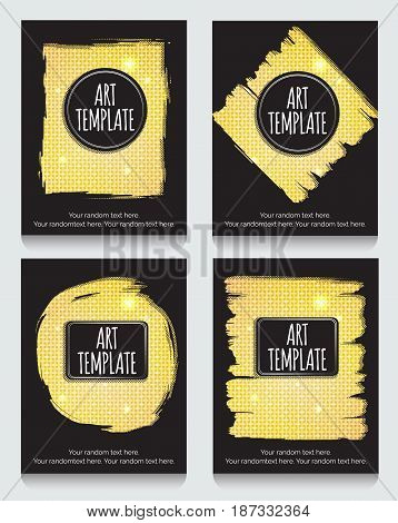 Modern eclectic flyer, poster, card template with golden background. Vintage dotted shadows, glamourous shiny golden caged background, minimalistic framing and casual text.