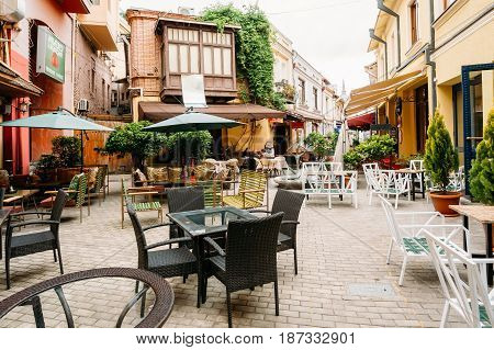 Tbilisi, Georgia - May 19, 2016: Cozy Outdoor Cafes In The Shardeni Street Of Old Town Tbilisi, Georgia.