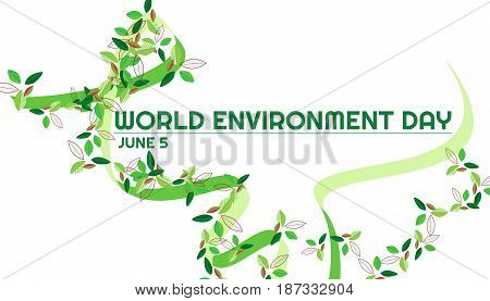World environment day green ribbon and a different leafs. Vector graphic green ribbon and multicolor different leaves on a white background.