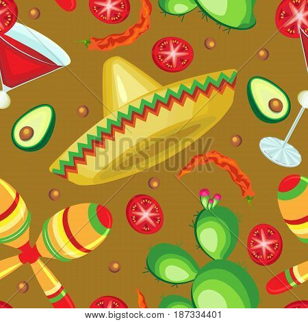 Vector seamless pattern on the holiday of Cinco de Mayo. Sombrero magarita cactus and maracas with vegetables on a golden background.