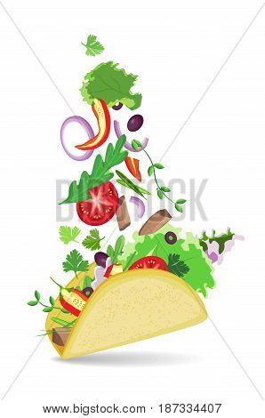Isolated vector taco with shadow on transparent background. Falling vegetables in a flat cake