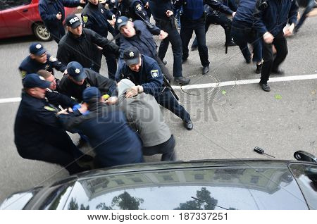 Kharkov, Ukraine - May 17, 2017: Blocking Of Exit To Police Cars By Kharkiv Right-wing Activists Dur