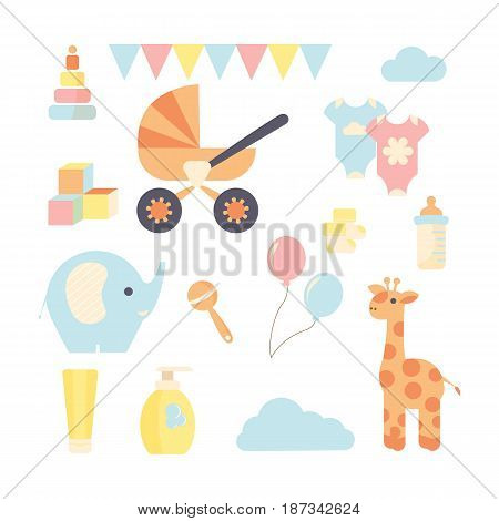 Colorful set of flat style icons related with baby. Multi gender baby shower set