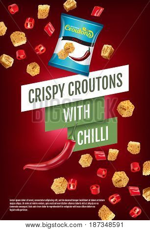 Crispy croutons ads. Vector realistic illustration of croutons with chilli. Vertical poster with product.