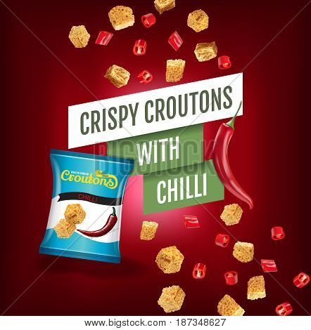 Crispy croutons ads. Vector realistic illustration of croutons with chilli. Poster with product.