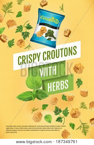 Crispy croutons ads. Vector realistic illustration of croutons with herbs. Vertical poster with product.
