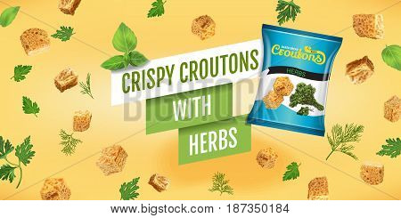 Crispy croutons ads. Vector realistic illustration of croutons with herbs. Horizontal banner with product.