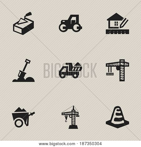 Set Of 9 Editable Construction Icons. Includes Symbols Such As Home Scheduling, Oar, Camion And More. Can Be Used For Web, Mobile, UI And Infographic Design.