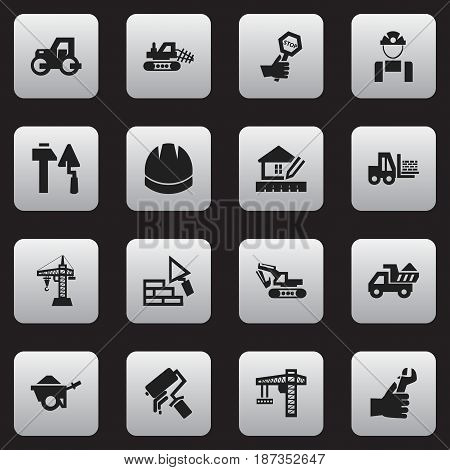 Set Of 16 Editable Construction Icons. Includes Symbols Such As Mule, Camion, Construction Tools And More. Can Be Used For Web, Mobile, UI And Infographic Design.