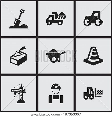 Set Of 9 Editable Building Icons. Includes Symbols Such As Caterpillar, Spatula, Oar And More. Can Be Used For Web, Mobile, UI And Infographic Design.