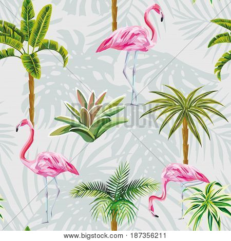 Beautiful tropic birds pink flamingos with palm trees and cactus. Seamless beach pattern wallpaper with leaves on a gray background