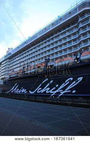 Amsterdam The Netherlands - May 11th 2017: Mein Schiff 3 TUI Cruises docked at Passenger Terminal Amsterdam detail