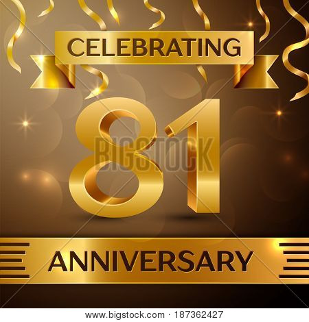 Eighty one Years Anniversary Celebration Design. Confetti and gold ribbon on golden background. Colorful Vector template elements for your birthday party. Anniversary ribbon