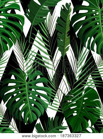Tropical Seamless Pattern With Exotic Palm Leaves.