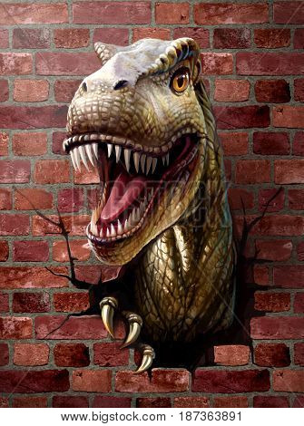 Dinosaur breaks through a brick wall, close-up