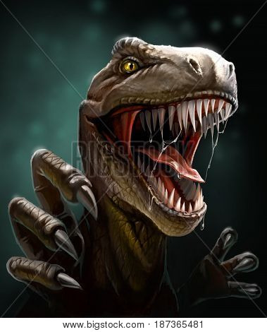 Aggressive dinosaur with teeth and claws, close-up