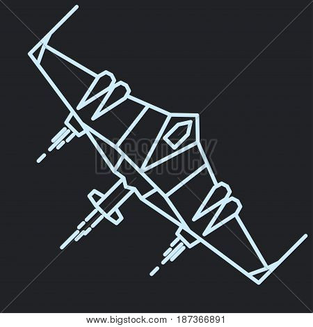 Spaceship in space outline, linear flying rocket, spacecraft cosmos adventure graphic design. vector