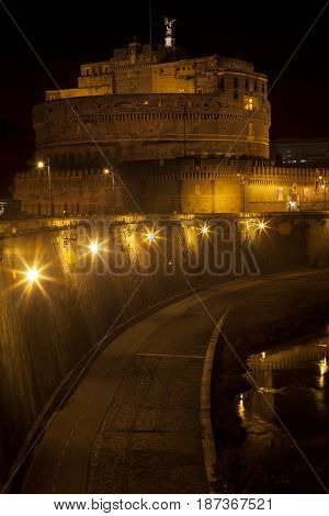 Ponte and Castle Sant Angelo, bridge in Rome. Italy. Tiber river. Black and white. Once Aelian Bridge or Pons Aelius, meaning the Bridge of Hadrian, is a Roman bridge.