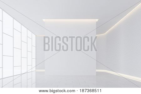 Empty white room modern space interior 3d rendering image.A blank wall with pure white. Decorated wall with horizon line pattern and hidden light