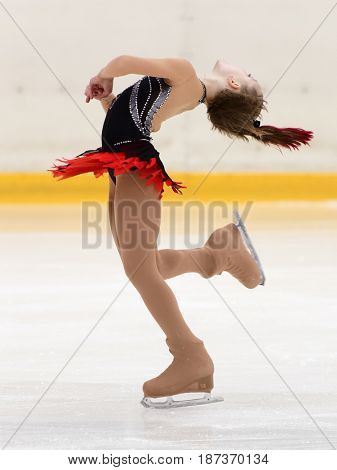 ST. PETERSBURG, RUSSIA - APRIL 18, 2017: Ladies' single figure skating competitions on prix of SPb Federation of Figure Skating. 150 athletes from 6 regions of Russia take part in the competitions