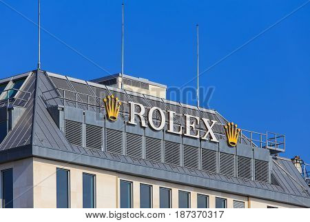 Geneva, Switzerland - 24 September, 2016: Rolex sign on the roof of a building. Rolex SA is a Swiss luxury watchmaker based in in Geneva, Switzerland.