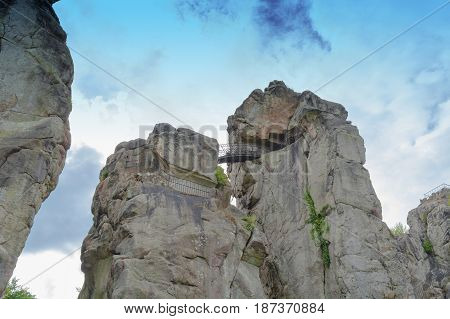 The Externsteine striking sandstone rock formation in the Teutoburg Forest Germany North Rhine Westphalia