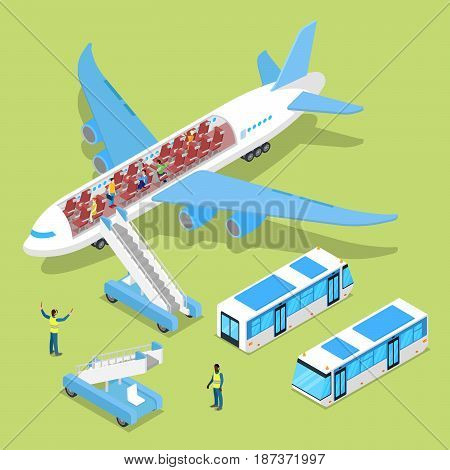 Aircraft Interior with Passengers. Air Plane Boarding. Isometric vector flat 3d illustration