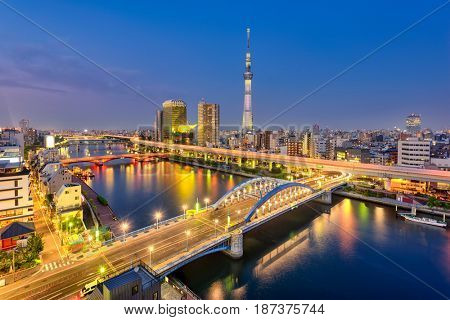 Tokyo, Japan skyline on the Sumida River.
