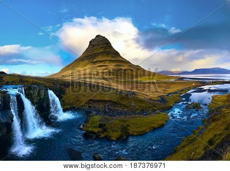 Beautiful Kirkjufell and its waterfalls in Northern Iceland