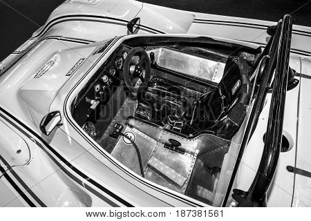 STUTTGART GERMANY - MARCH 04 2017: Interior of the sports car Lucchini Sport Prototipo 1989. Black and white. Europe's greatest classic car exhibition 