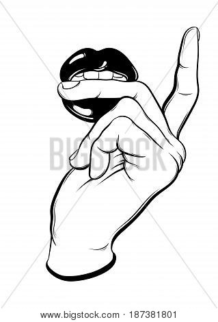 Vector hand drawn illustration of woman mouth biting finger. Tattoo artwork. Template for card poster banner print for t-shirt.