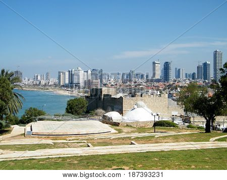 Amphitheatre on the background of Skyscrapers of Tel Aviv in old city Jaffa Israel
