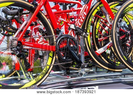 Alghero Italy - May 05 2017: Wilier Triestina team bikes on 100th Giro d'Italia opening day