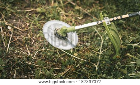 Gasoline Trimmer Head On Green Grass. Round Trimmer Blade.