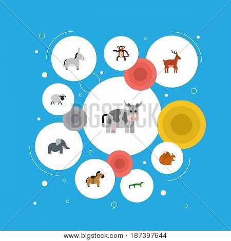 Flat Bishop, Kine, Mutton And Other Vector Elements. Set Of Animals Flat Symbols Also Includes Merinos, Reptilian, Squirrel Objects.