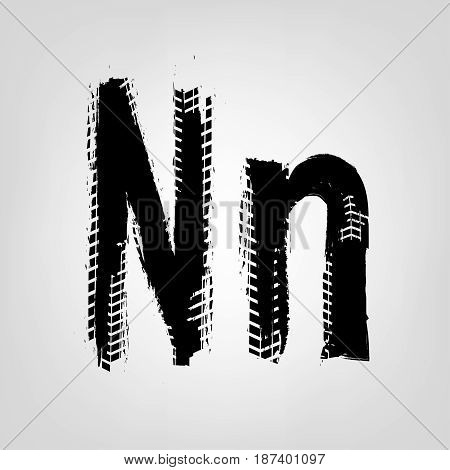 Grunge tire letter N. Unique off road isolated lettering in a black colour. Vector illustration.