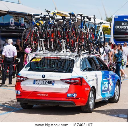 Alghero Italy - May 05 2017: FDJ team car on 100th Giro d'Italia opening day